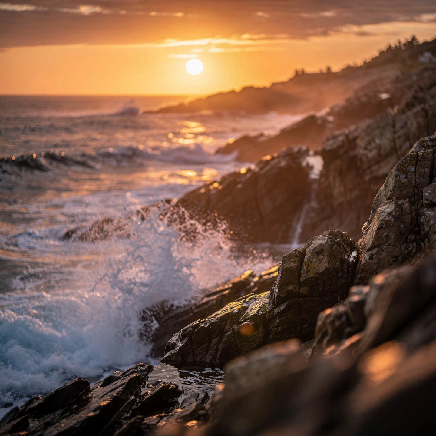 Dramatic rocky coastline at sunset with crashing waves and golden hour light generated with Flux 2 Pro